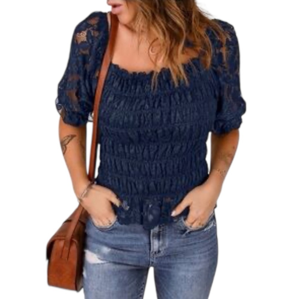 NWT/YOU ARE BEAUTIFUL LACE SMOCKED FLOUNCE SLEEVE BLOUSE